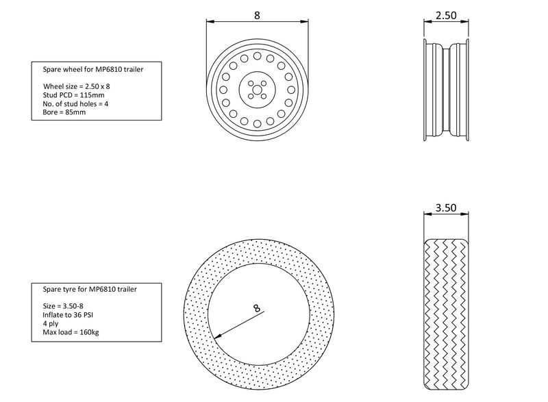 3.50 x 8 Wheel & Tyre Assembly, 115mm PCD, With Mounting Bracket