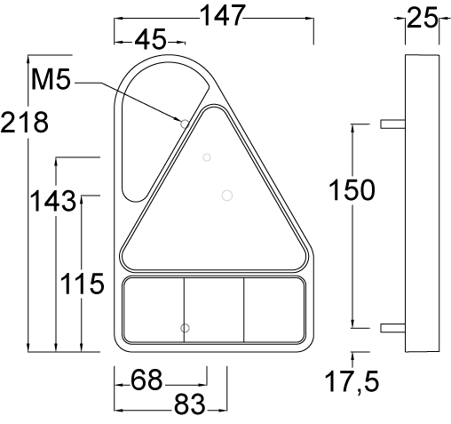 Dimensions of LED Triangle Combination Lights, Left / Right