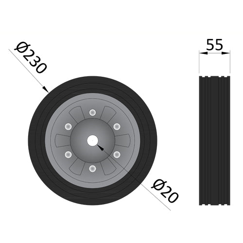 Dimensions Replacement Jockey Wheel, 225mm Diameter, 55mm Width